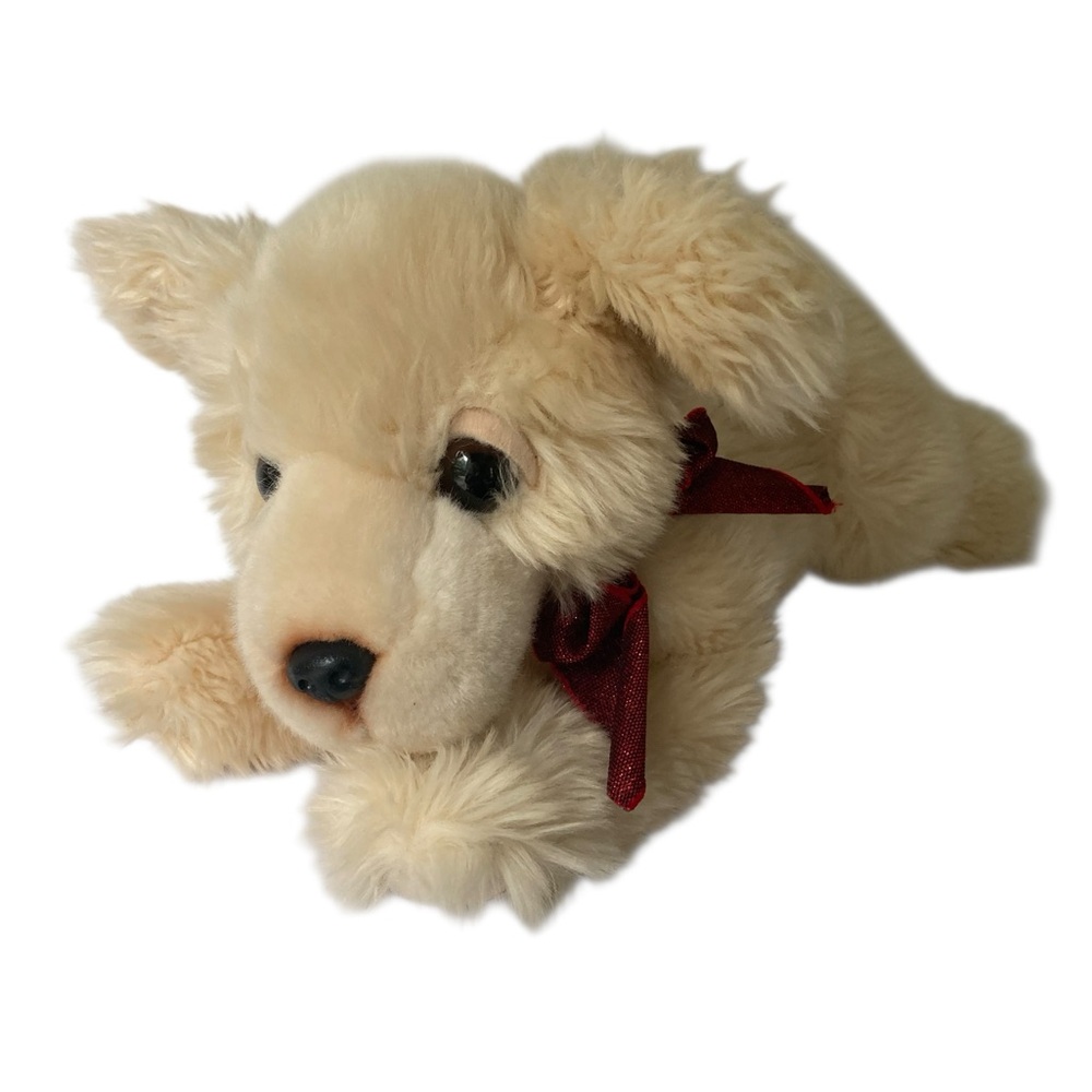Russ Berrie Butter Scotch Retriever Puppy Dog Cream 13" Stuffed Plush Bow‎ 32757